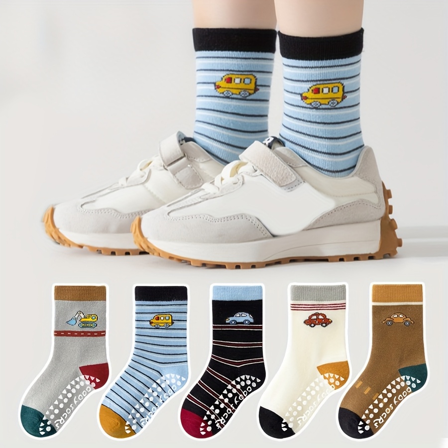 Japanese Lifestyle Youtube - 5er-Pack Kinder-Bodensocken mit Cartoon-Streifen und Automotiven,